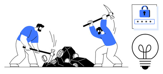 Two workers breaking rocks with pickaxes linked to icons of secure passwords and light bulb. Ideal for teamwork, labor, creativity, security, goal achievement, problem-solving, innovation. Flat