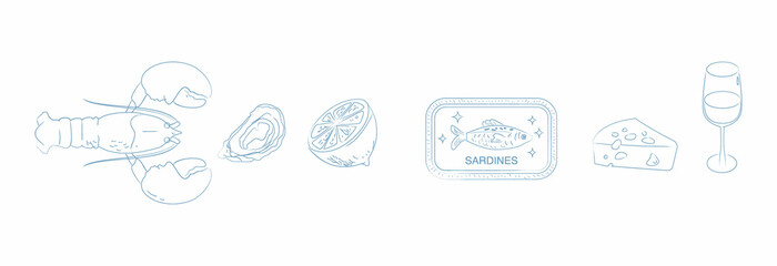 Summer Italy. Amalfi or Sicily dinner menu vector illustrations. Image of Italian Mediterranean seafood and wine, lobster, sardines can, lemon, oyster and wine set drawing for poster, placard or print