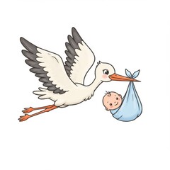 White Stork Delivering A Baby In Blue Swaddle