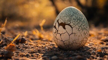 Obraz premium A cracked egg is resting on the dusty ground outside