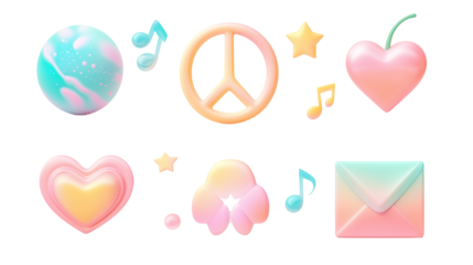 Set of icons in pastel rainbow colors an iridescent holographic style, on Transparent Background
