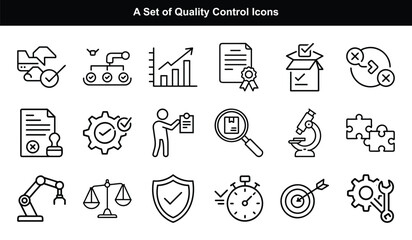 Outline Quality Control Icons Set Approval, Magnifier, Shield, Gear, Microscope
