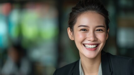 Obraz premium A smiling Asian woman in professional attire; confidence and warmth in the workplace. 