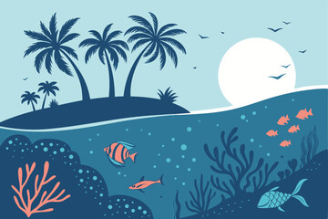Obraz premium 2 Tropical island silhouette, palm trees, full moon, clear sky, underwater scene, coral reef, colorful fish, jellyfish, marine life, vibrant blues, gradient ocean, serene atmosphere, minimalist style,