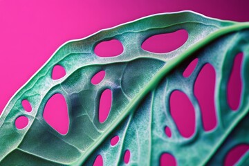 Obraz premium Close-up view of a patterned tropical leaf against a vibrant backdrop.