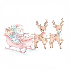 Fototapeta premium Cute Santa And Reindeer In Pink Sleigh Watercolor Illustration