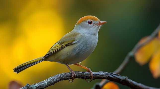 Common Tailorbird Perched on Weathered Branch &mdash; Detailed Side Profile in Natural Light