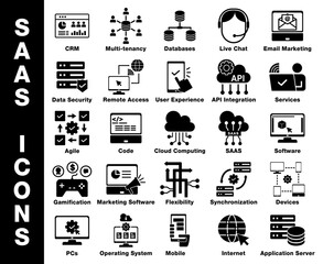 SAAS Solid Icons set, Api Integration, CRM customer relationship management, data security, agile development, software development, automation, cloud computing, marketing software, and more.