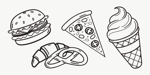 Delicious Food Line Art Pack featuring Burger Pizza Ice Cream Croissant Pretzel perfect for branding and menu design