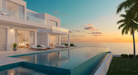 Fototapeta premium Modern White Villa with Infinity Pool Overlooking the Ocean at Sunset with Palm Trees and Blue Sky in a Tranquil Setting
