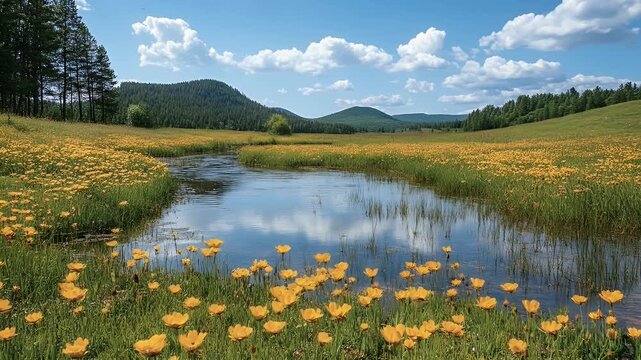 Bright Yellow Wildflowers Reflect on Pond Water Under Blue Sky in Rolling Hills