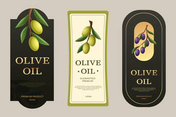 Elegant olive oil label set with realistic olive branches, premium typography, and minimal design. Ideal for packaging, branding, and gourmet food products.
