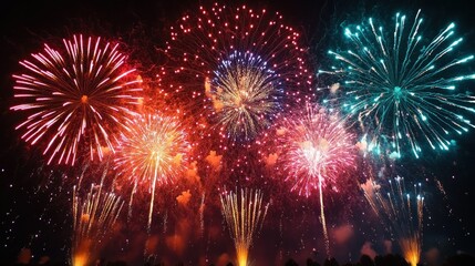 Colorful fireworks explode in a vibrant night sky display