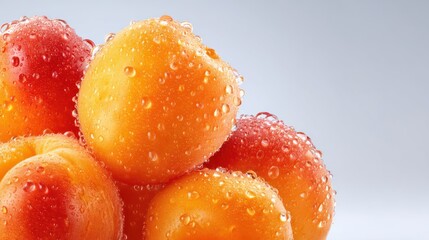 Vibrant golden apricots glistening with water droplets on display