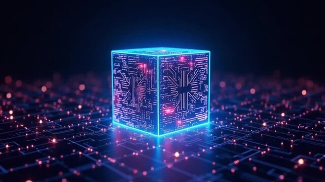 Glowing digital cube on circuit board, futuristic tech