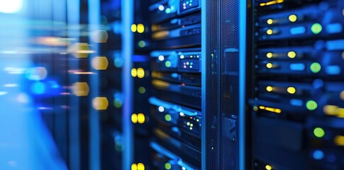 Close-up of illuminated server racks in a modern data center with glowing lights and high-speed connections. Great for IT infrastructure, networking, and digital services content