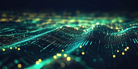 Abstract digital background with glowing pixel patterns and data flow icons in green, yellow, and black colors