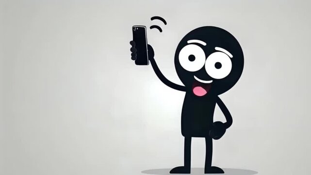 Minimalist Cartoon Stick Figure Character Holding Smartphone and Pointing Up