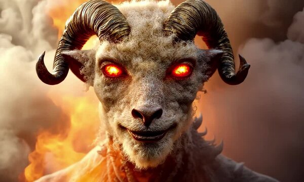 Fiery demon goat with glowing eyes emanating smoke and flames in dynamic motion