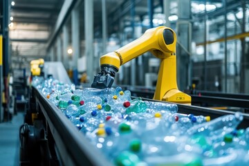 Robotic arm sorts plastic bottles in modern recycling facility