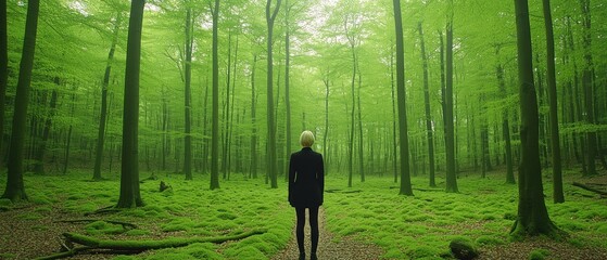 Woman in lush green forest, peaceful nature scene, calm background,  for travel brochures