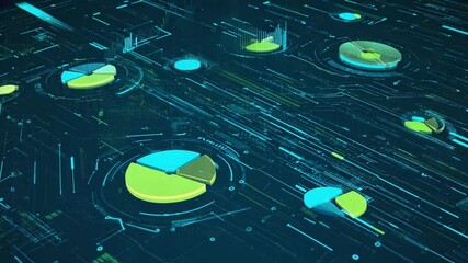 Futuristic HUD translucent cityscape in lower third, overlaid with building height bar charts, live traffic heatmap lines, glowing drone orbs flying skyline, dusk, neon orange teal seamless loop - Powered by Adobe