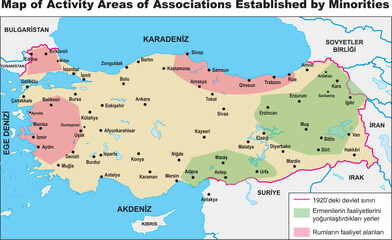 Fototapeta premium Map of the places where Armenian and Greek gangs operate. Map of Activity Areas of Associations Established by Minorities. Turkey borders turkish history map