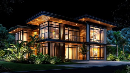 Obraz premium Luxury Modern Night Villa: Architectural Masterpiece