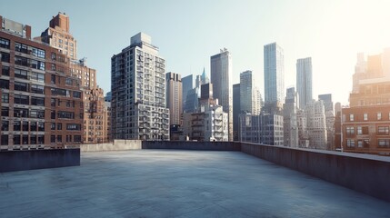Skyscrapers New York downtown cityscape daytime view from empty rooftop