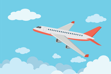 Airplane in the sky above the clouds. The plane is flying through the clouds. Flat vector illustration of airplane flying through clouds in blue sky.
