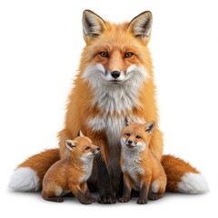Fototapeta premium Red Fox and Kits Family Portrait Against White Background