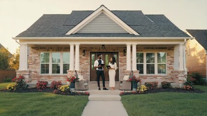 Couple Standing in Front of a Single-Story Home with Stone Facade - Powered by Adobe