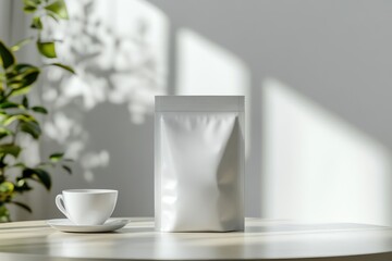 Minimalist pet food packaging mockup in bright home setting