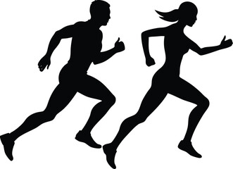  silhouette of a man and woman running side by side