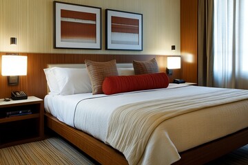 Modern Hotel Bedroom Interior Design Elegant Comfortable King Size Bed White Bedding Wooden Frame Stylish Neutral Tones Abstract Wall Art Pictures Peaceful Atmosphere Relaxing Room