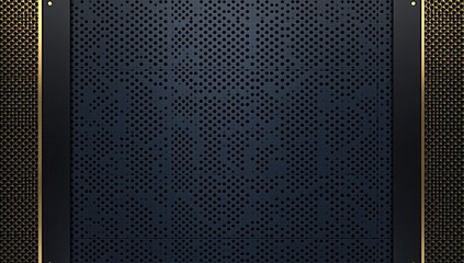 Dark background with dark blue and gold stripes on the sides, metallic grid pattern in black