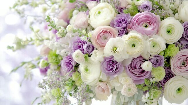 Elegant blooming roses and ranunculus in soft pastel shades with delicate bokeh background