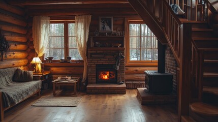 Naklejka premium A cozy log cabin interior with a burning fireplace and staircase