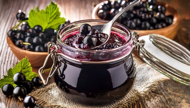 closeup of stirring blackcurrant jam in a jar with fresh berries on rustic table