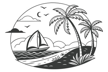 14 Black and white illustration, tropical island scene, circular composition, silhouette art, sailboat on waves, palm trees, stylized clouds, minimalist design, contrast, coastal landscape, graphic ar
