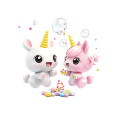Obraz premium Adorable Unicorn Friends Sharing Sweets and Bubbles