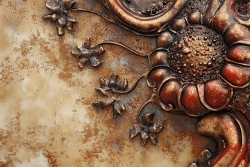 Ornate, decorative design with bronze-colored accents on a textured surface.