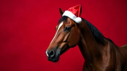 portrait of a brown horse in close-up wearing a red Santa hat on a red BACKGROUND.
