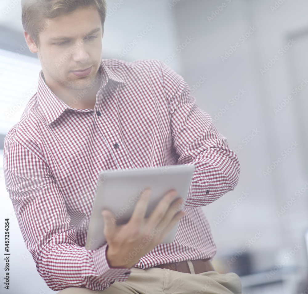 Leinwandbilder office, business man and digital tablet for project research, online website and working with scroll