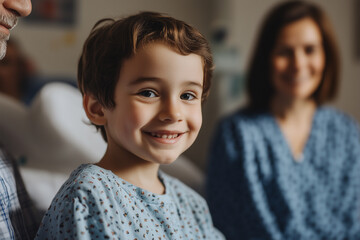 Child with a rare medical condition smiles during advanced treatment at a hospital while being supported by family members