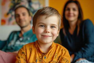 Child with rare condition receives support from family in cozy indoor setting during afternoon