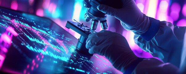 Scientist adjusts microscope lens while examining biological samples in a modern laboratory setting illuminated by colorful lights