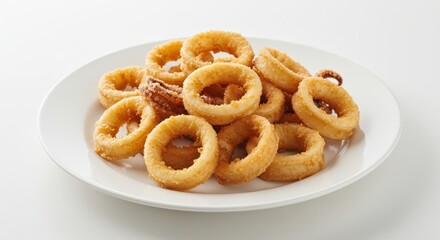 A plate full of golden fried calamari rings served on a white plate on a white background surface