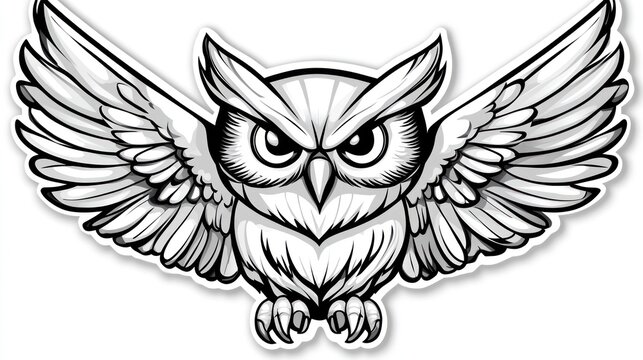 Detailed drawing of an owl with outspread wings, in black and white art