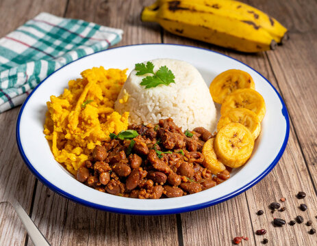 Traditional Costa Rican casado with rice, beans, plantains, local flavor.